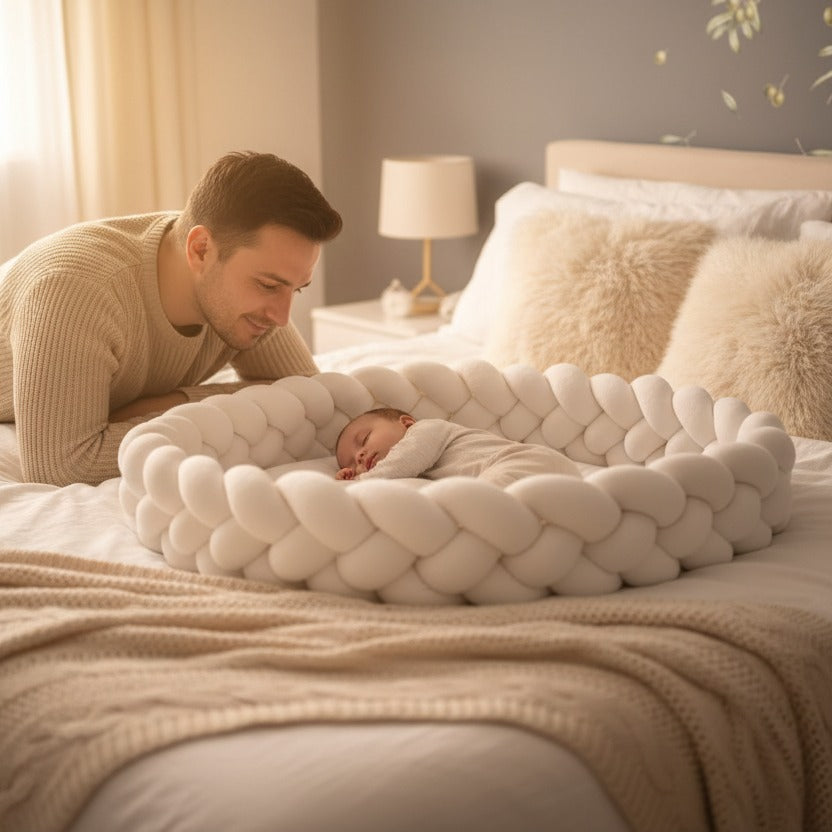 bébé dort sur lit parents papa regarde tendrement Tresse de lit douce TRESSI