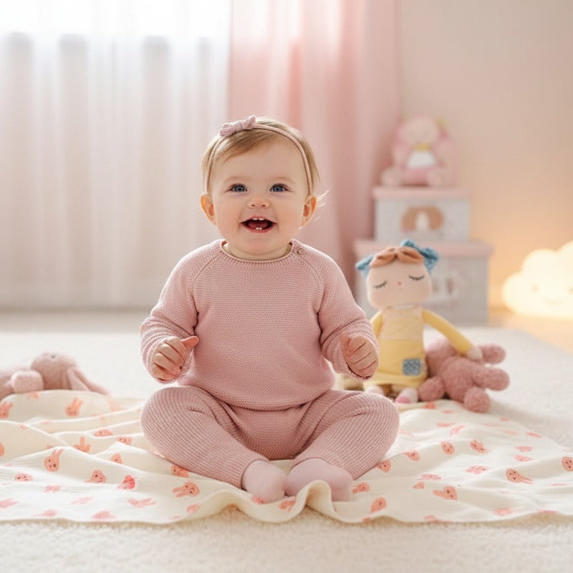 bébé fille assise sur bebe plaid lapins rose dans chambre douillette PETIT PAS