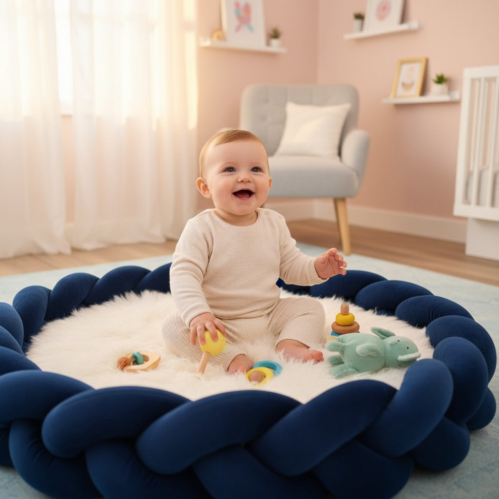 bébé jouant sur tapis entouré de tresse bébé de lit Bleu Marine Protection Cocon