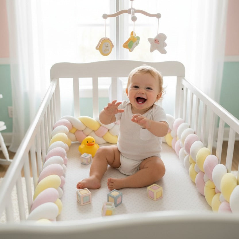 bébé joue dans berceau douillet avec tresse de lit bébé cozyknot rose jaune