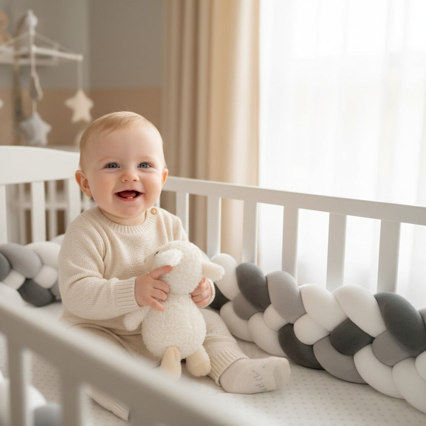 bébé souriant assit dans berceau avec Tour de lit tressé Gris Blanc