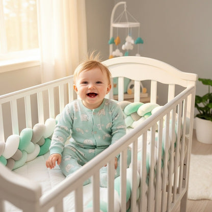 bébé souriant assit dans berceau avec la tresse de lit bébé CozyKnot - Vert Blanc