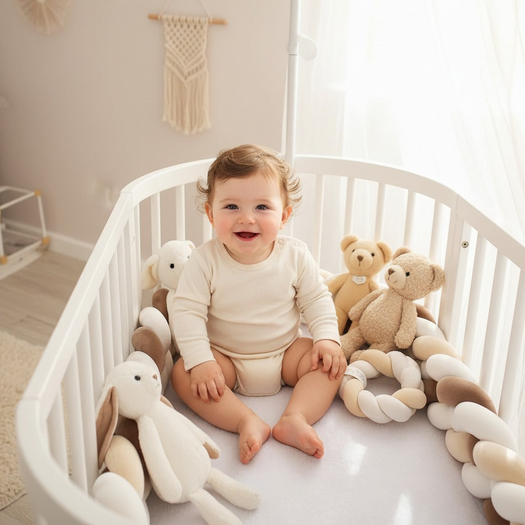 bébé souriant assit dans son berceau avec tresse de lit bébé - Brun Clair