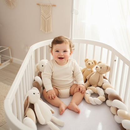 bébé souriant assit dans son berceau avec tresse de lit bébé - Brun Clair