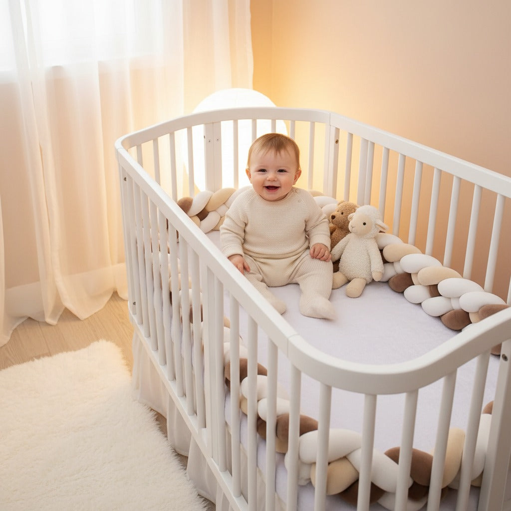 bébé souriant dans berceau douillet avec tresse de lit bébé - Brun Clair