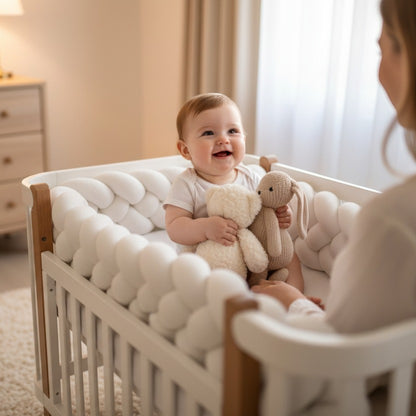 bébé souriant regarde maman avec doudous Tresse de lit TRESSI