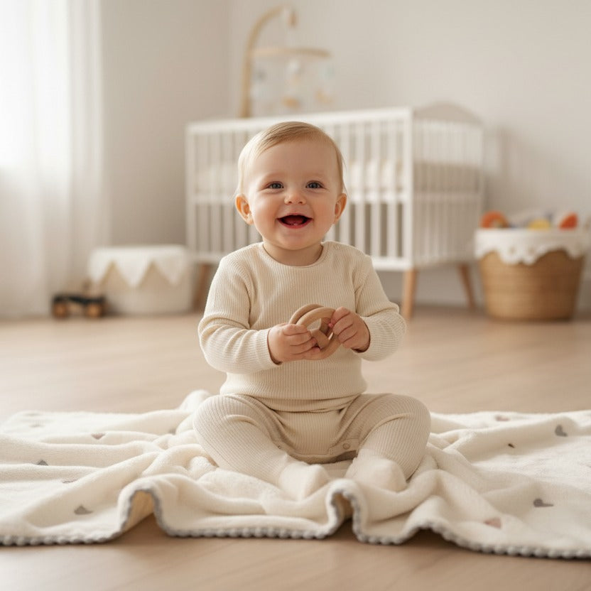 bébé souriant sur Plaide bebe douce polaire Soie Polaire