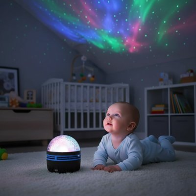 bébé sur tapis regardant le plafond projeté par Veilleuse projection - Beaux Rêves