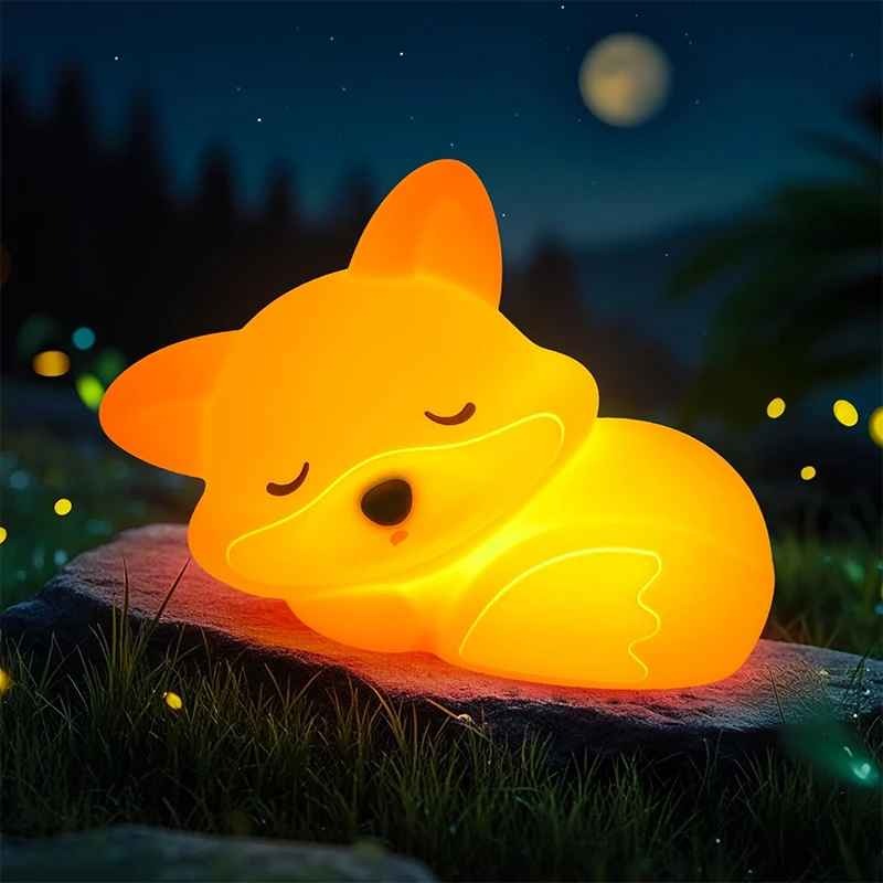 bebe veilleuse orange yeux fermés Renard Silicone Rechargeable