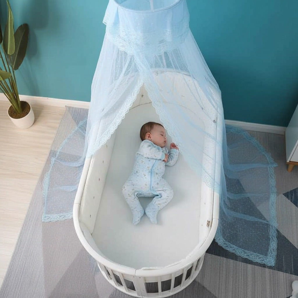 ciel de lit bebe avec support sommeil paisible moustiquaire bleue