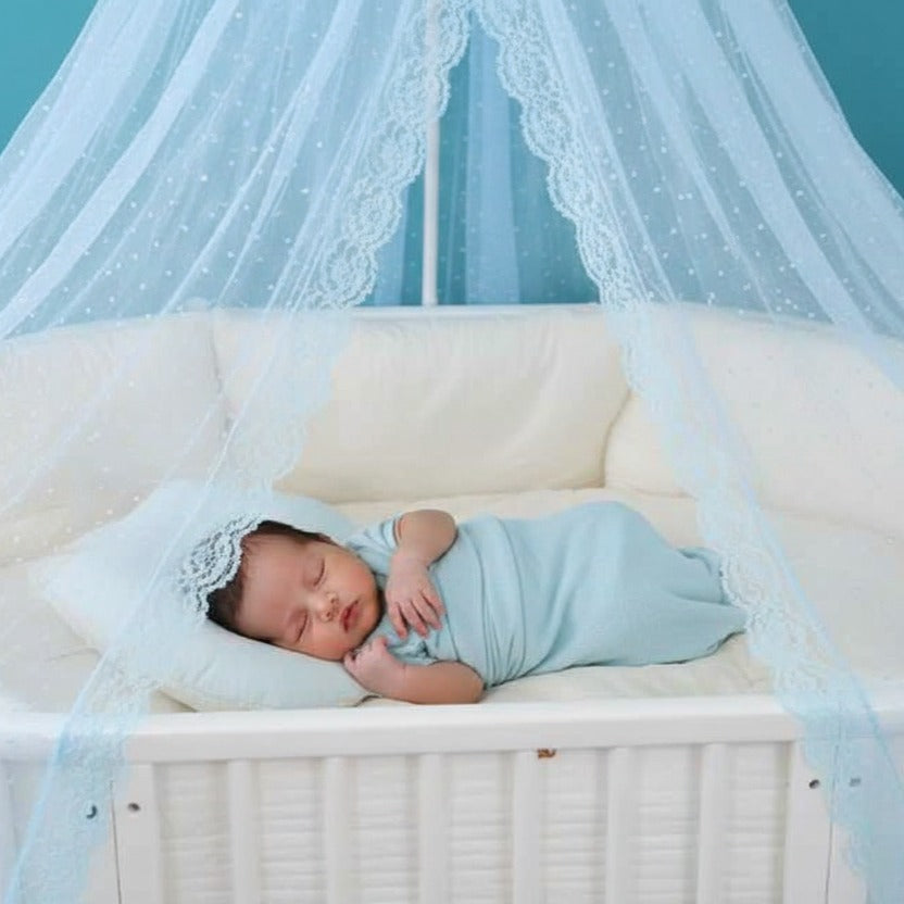 ciel de lit bebe avec support sommeil profond moustiquaire bleue