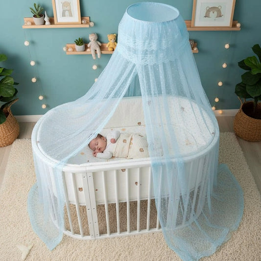 ciel de lit bebe avec support sommeil profond sécurisé moustiquaire bleue