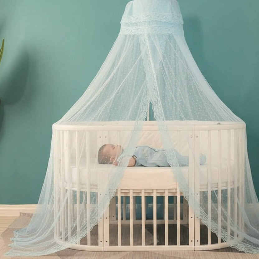 ciel de lit bebe avec support sommeil serein moustiquaire bleue