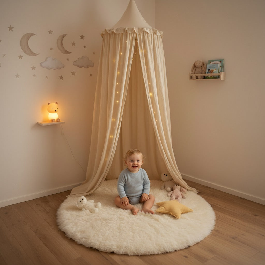 ciel de lit bébé beige coin jeu chaleureux féerique