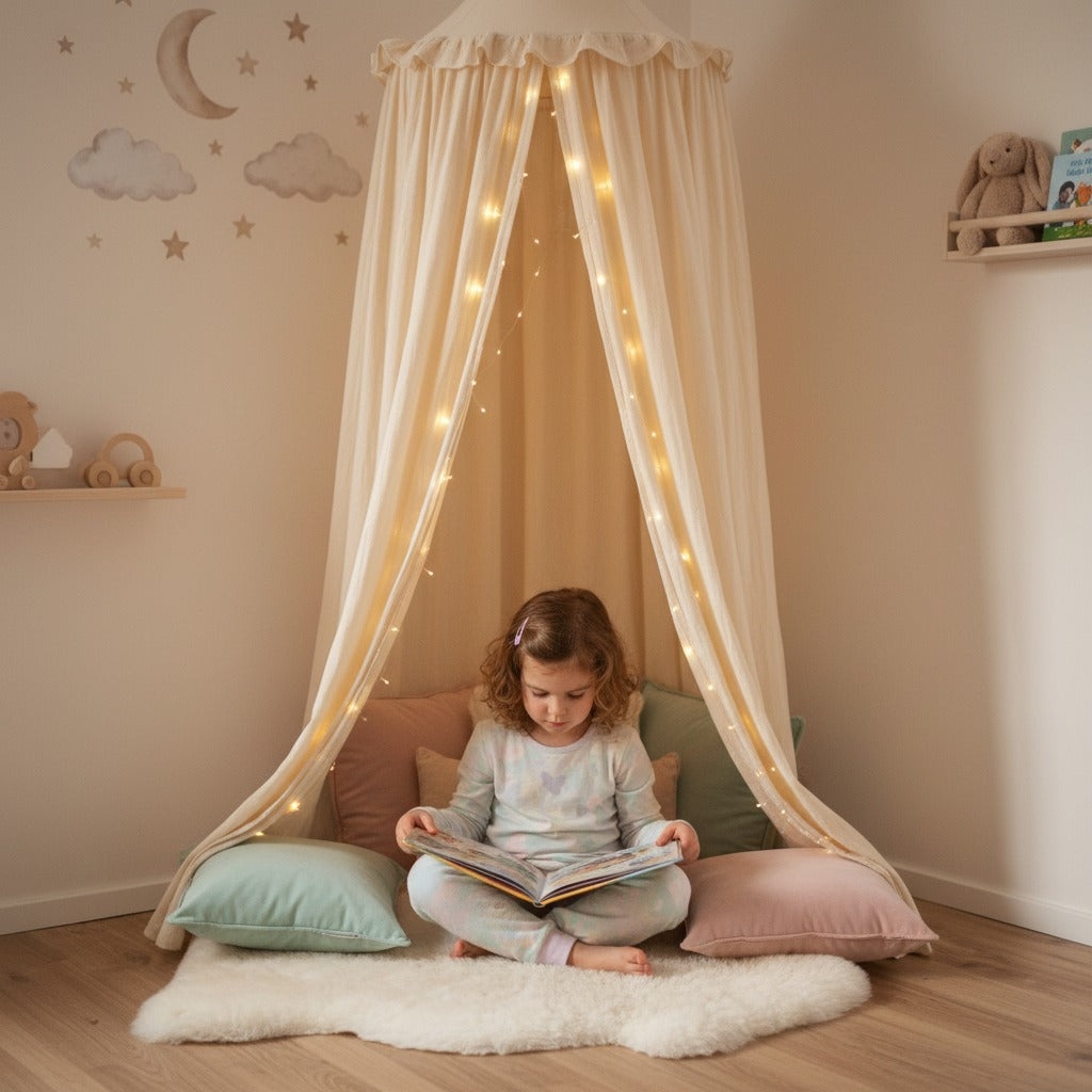 ciel de lit bébé beige coin lecture idéal féerique