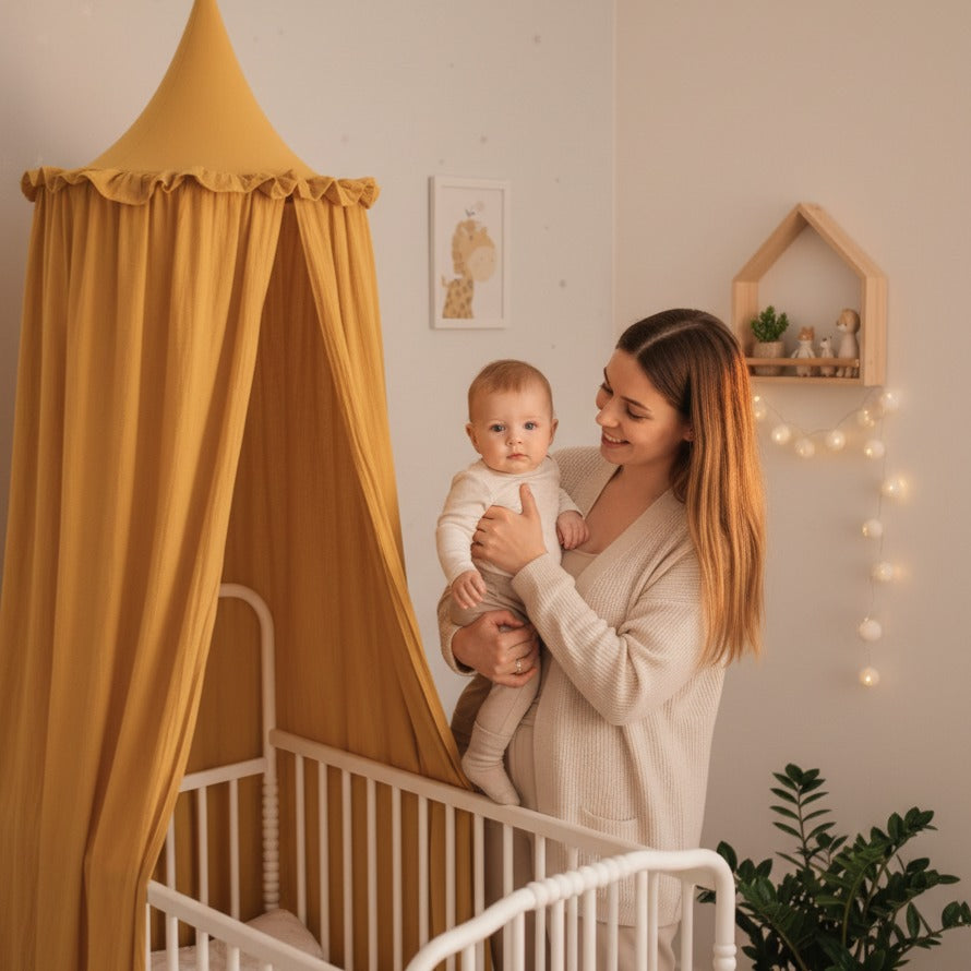 ciel de lit bébé jaune moutarde espace sommeil chaleureux fait main