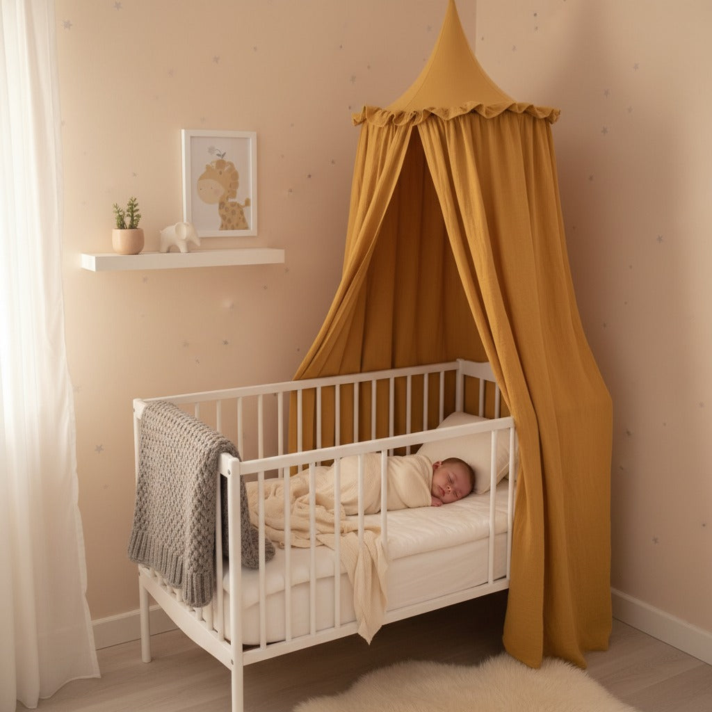 ciel de lit bébé jaune moutarde sommeil serein fait main