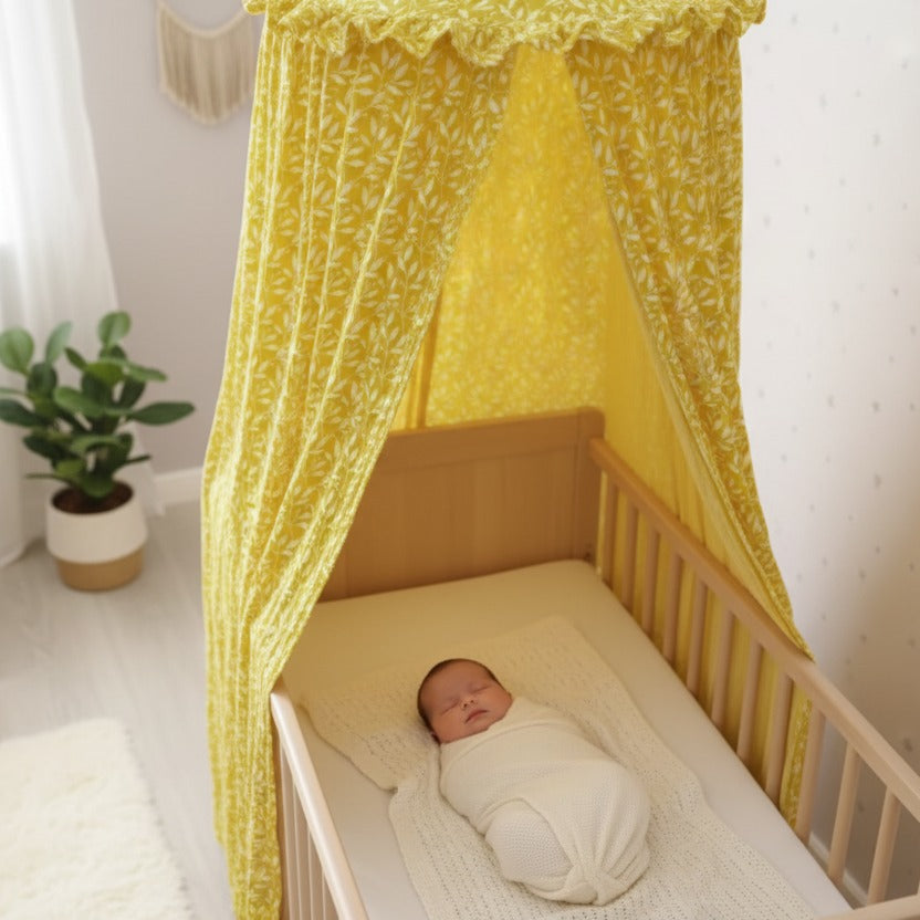 ciel de lit bebe moutarde sommeil paisible mousseline coton