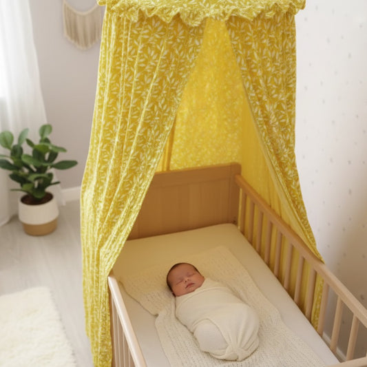 ciel de lit bebe moutarde sommeil paisible mousseline coton