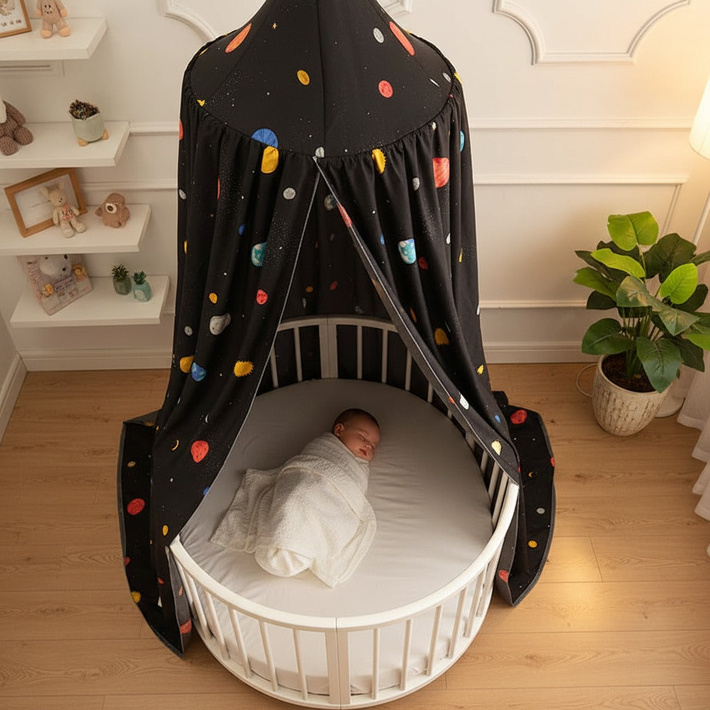 ciel de lit bébé protecteur noir cosmos endormi