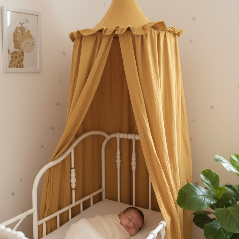 ciel de lit bébé sommeil paisible jaune moutarde fait main
