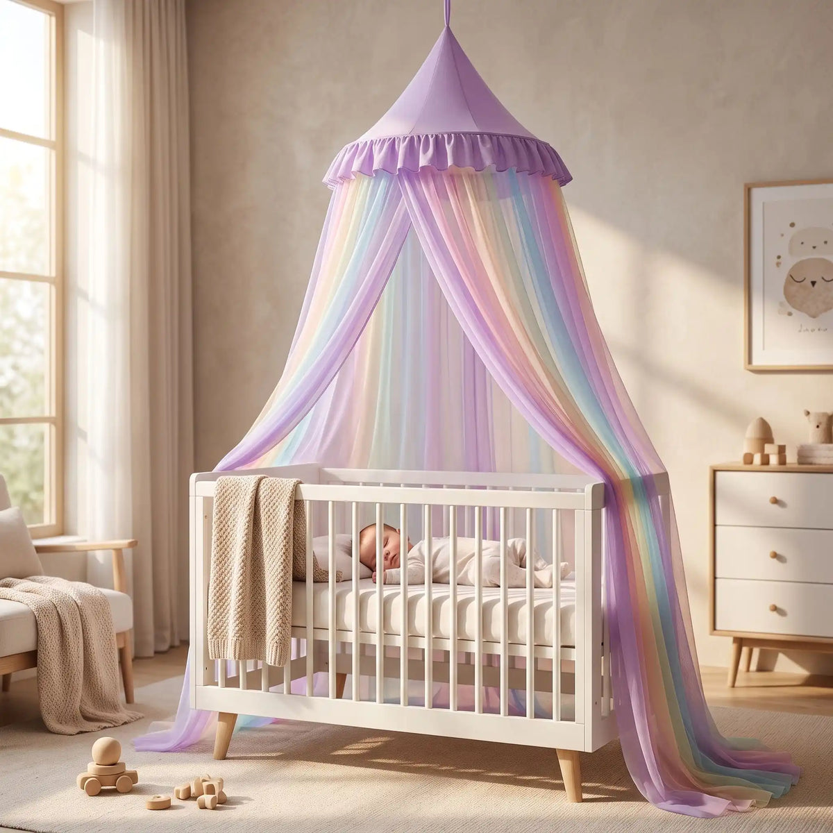 ciel de lit bébé suspendu sur berceau sommeil paisible - arc-en-ciel