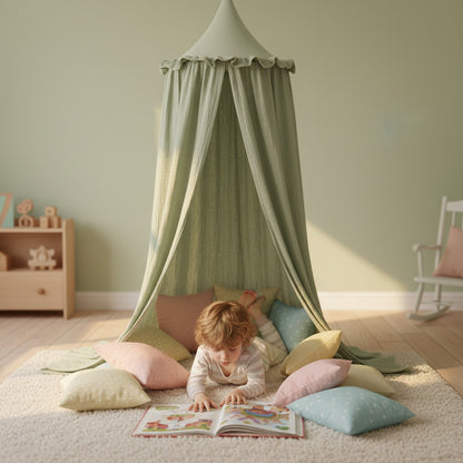 ciel de lit bébé vert espace lecture coton apaisant
