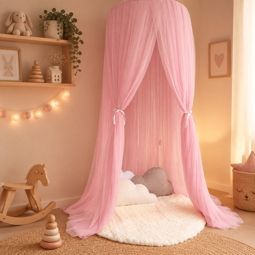 ciel de lit fille coin de jeux chaleureux rose blush