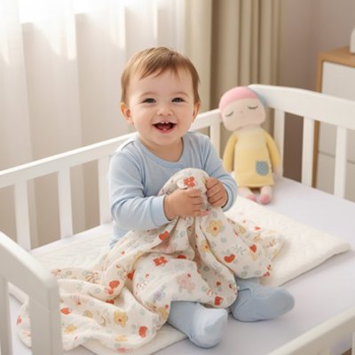 Couverture bébé douce coton entre les mains de bébé dans un berceau - Coton Bio Douceur