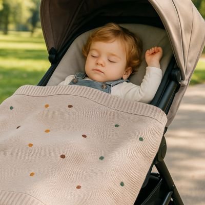Couverture bébé sommeil serein dans une poussette Nid Tricoté™ 