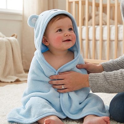Couverture enveloppante bebe bleue moment tendresse avec maman et son bébé - Coton Douceur