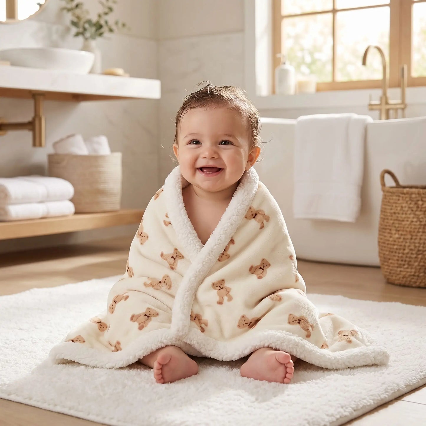 couverture polaire bebe serviette de bain - ours beige
