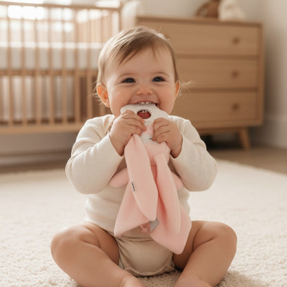 doudou lapin avec anneau dentition velours apaisant