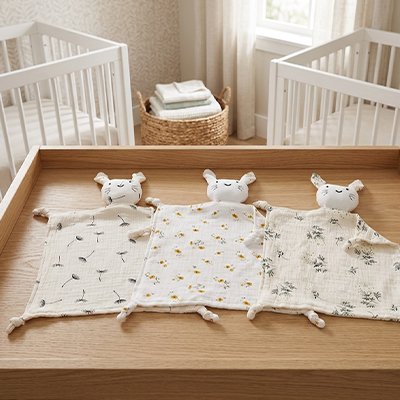 Doudou lapin en coton avec motifs variés - Mousseline douce