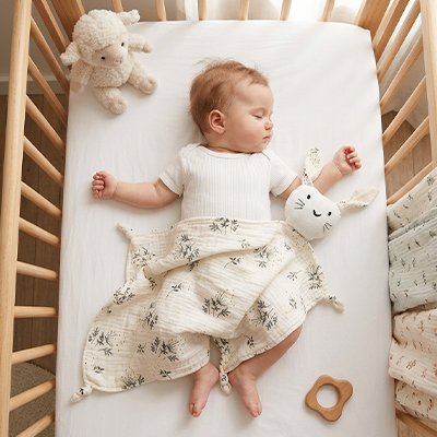 Doudou lapin en coton motif floral gris sommeil serein - Mousseline douce