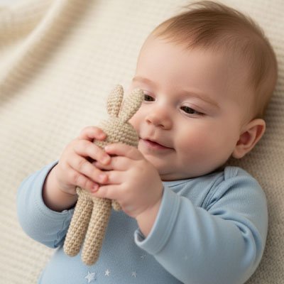 Doudou lapin en crochet entre les mains de bébé - Doux-Crochet