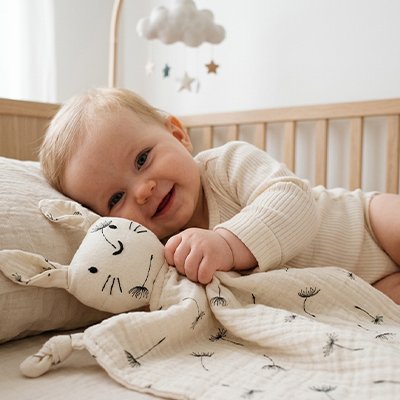 Doudou lapin motif pissenlit sommeil paisible - Mousseline douce