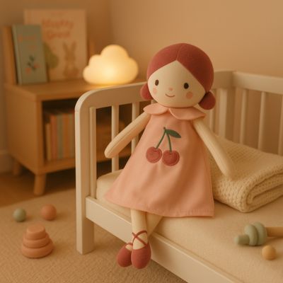 doudou sur berceau avec cheveux roux poupée câline