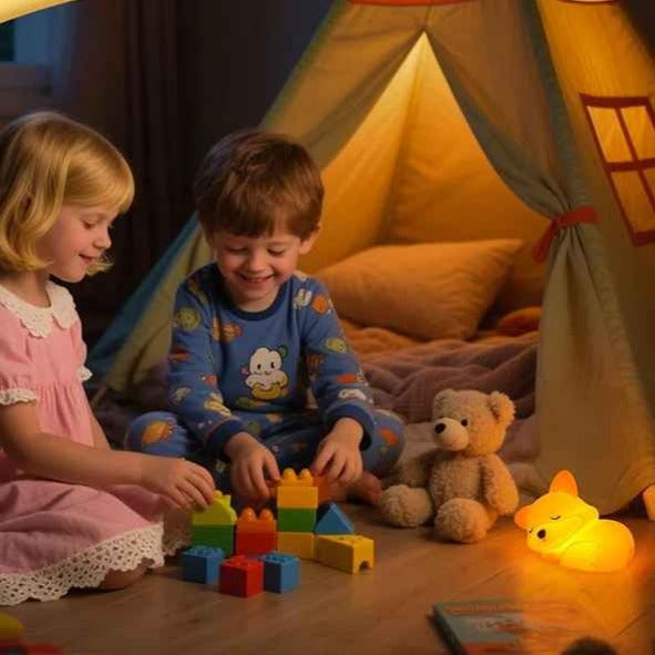 enfants jouent avec bebe veilleuse Renard Silicone Rechargeable