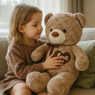 Fille caresse Ours en peluche - Artisanal Doux
