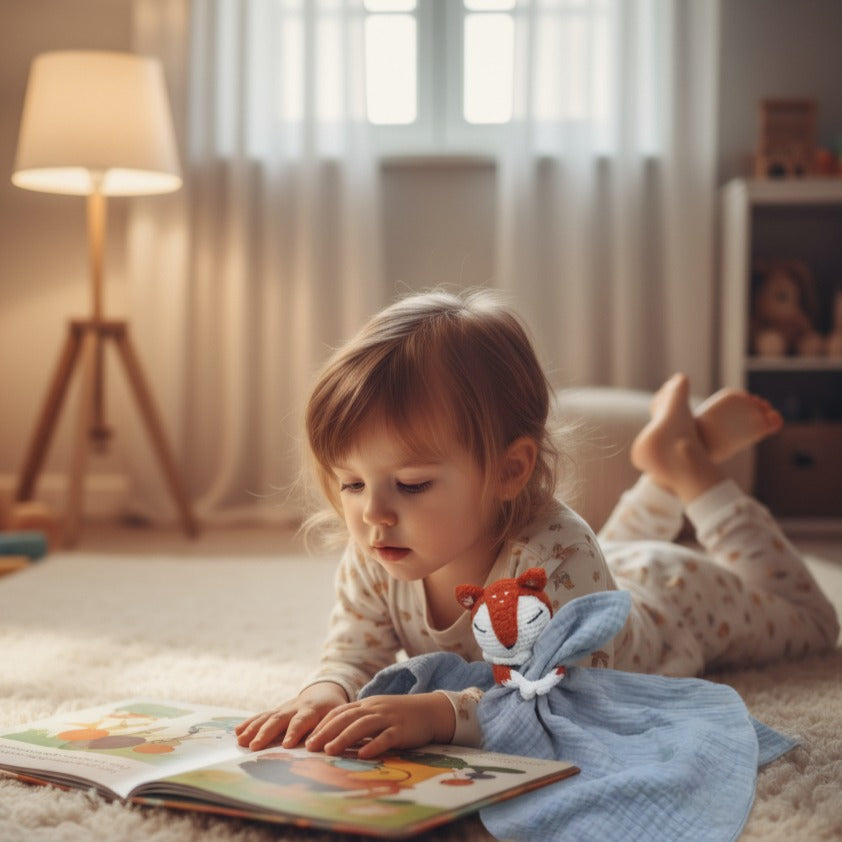 fille lit livre avec doudou bébé renard coton apaisant