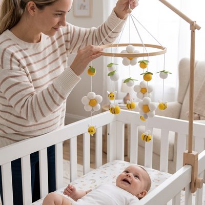 Maman accroche mobile bébé sur un support - Apaisant Abeilles et Fleurs