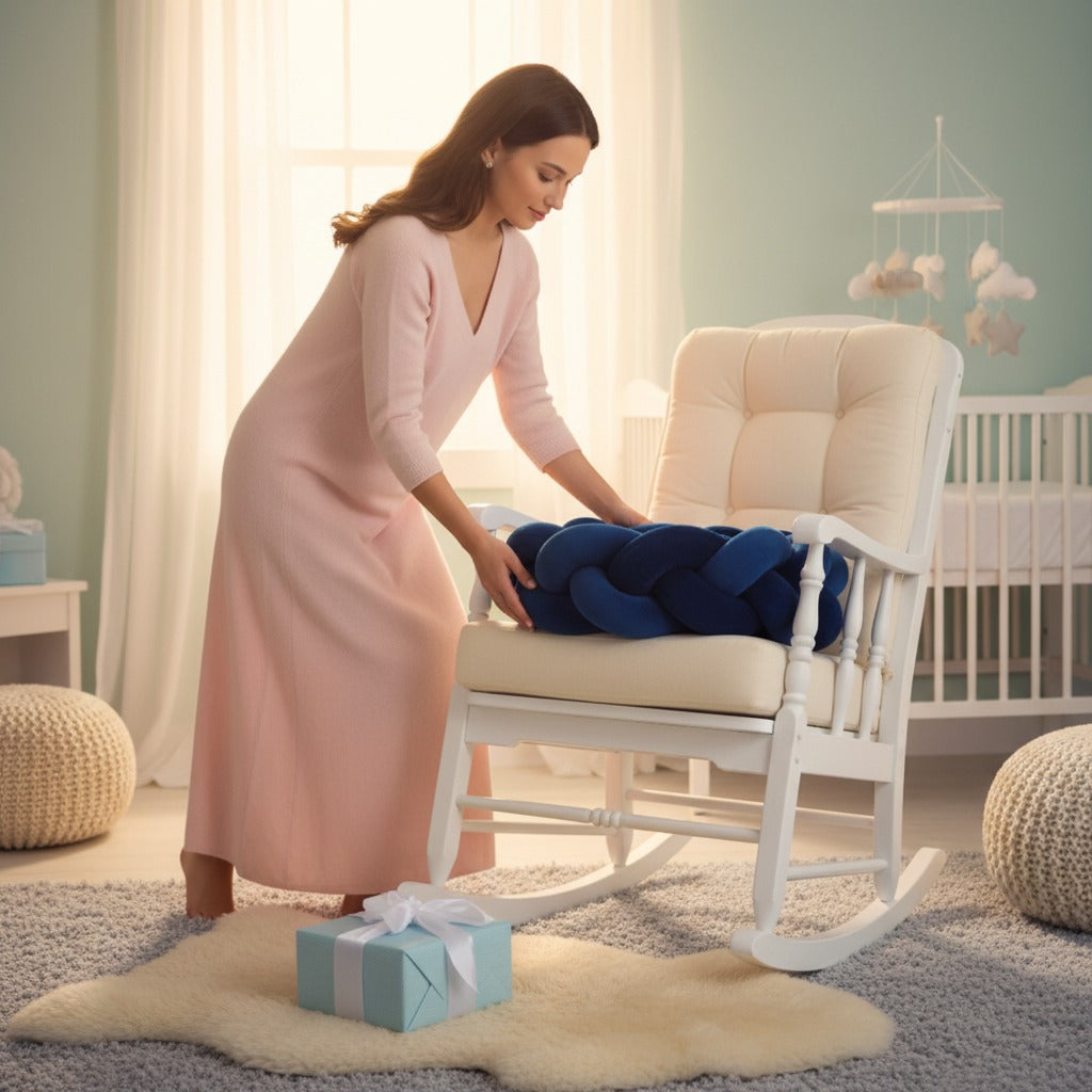 maman déposant tresse de lit bébé sur chaise balançante Bleu Marine Protection Cocon
