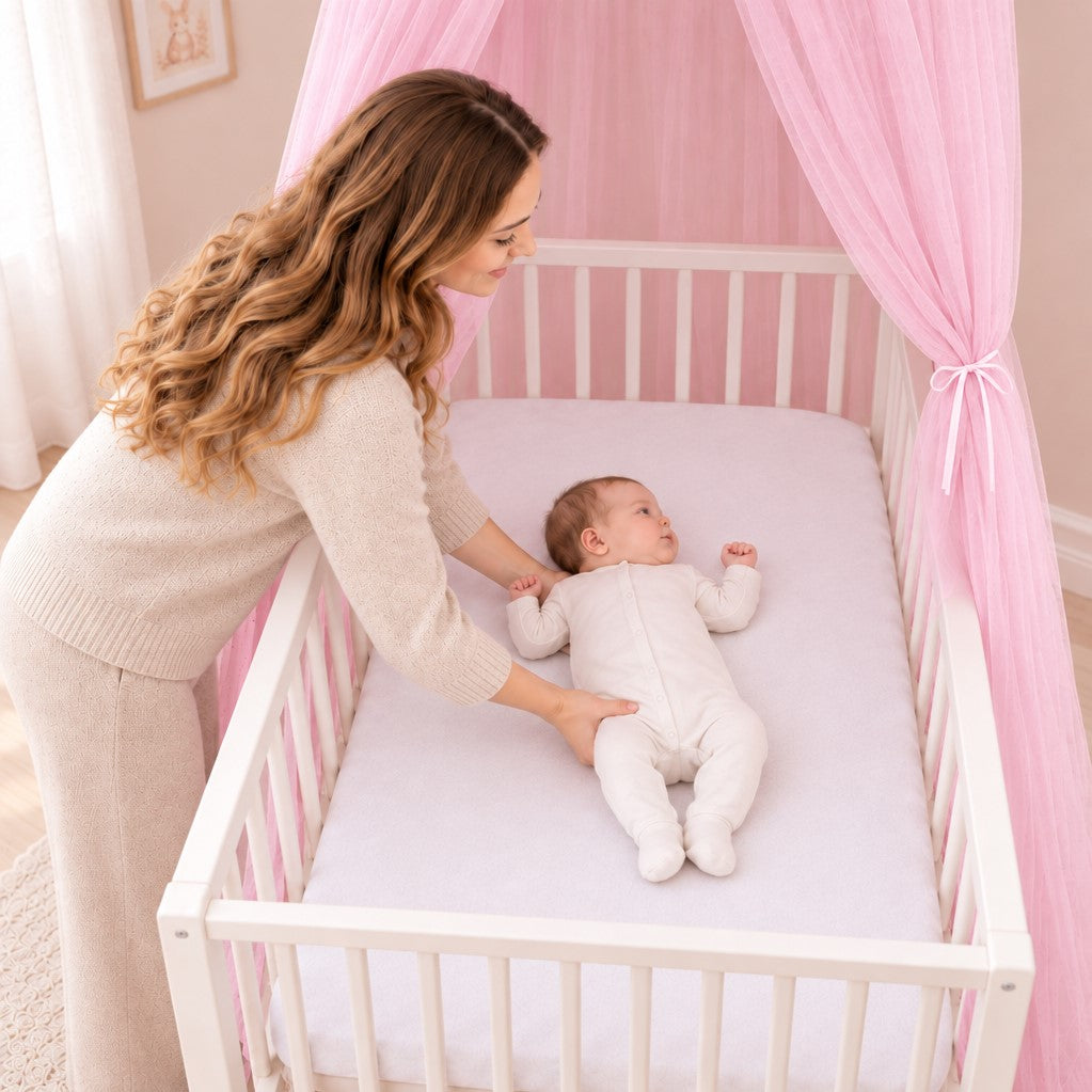 maman dépose bébé dort paisiblement dans berceau sous ciel de lit fille rose blush