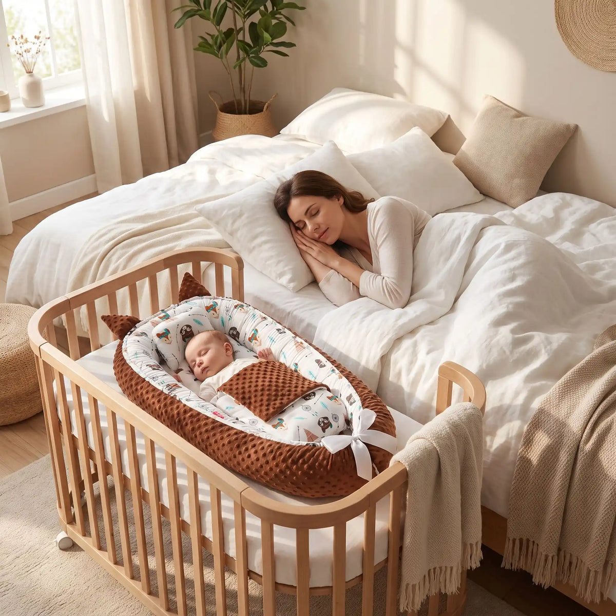 maman dort sereinemet dans son lit bébé dans reducteur cododo cocoon