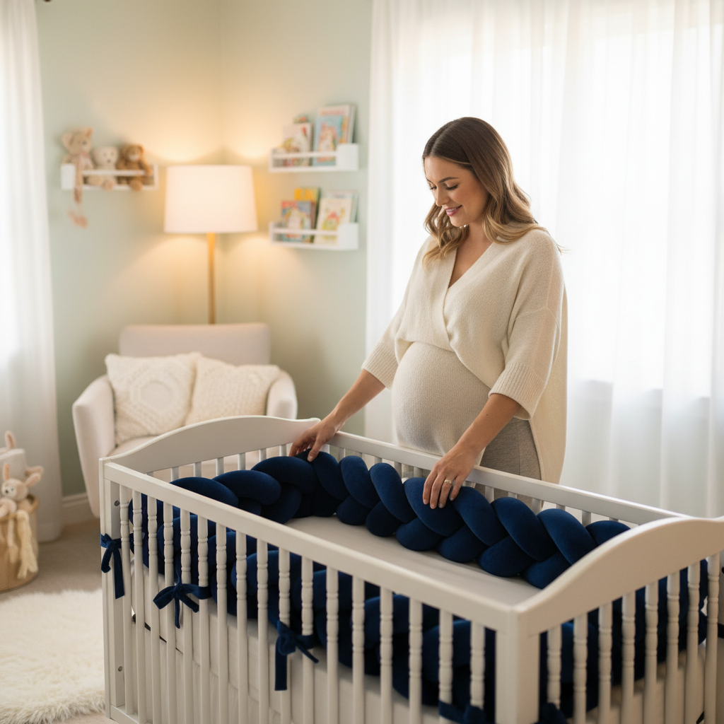 maman enceinte ajustant tresse de lit bébé Bleu Marine Protection Cocon