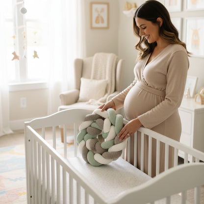maman enceinte souriante devant berceau tresse de lit 3m Coton Douceur