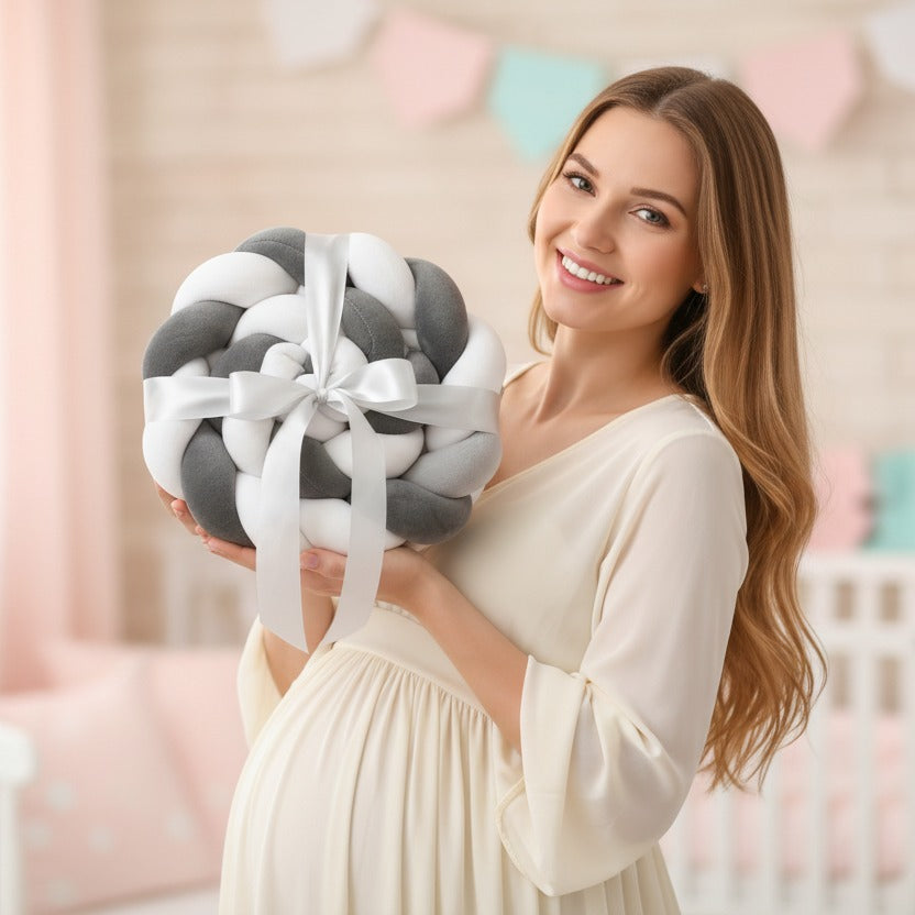 maman enceinte souriante reçoit tour de lit tresse cadeau naissance Gris Blanc