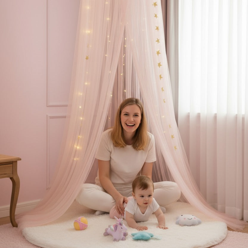 maman et bébé jouent sous Lit bebe voile moustiquaire Protection Anti Moustiques