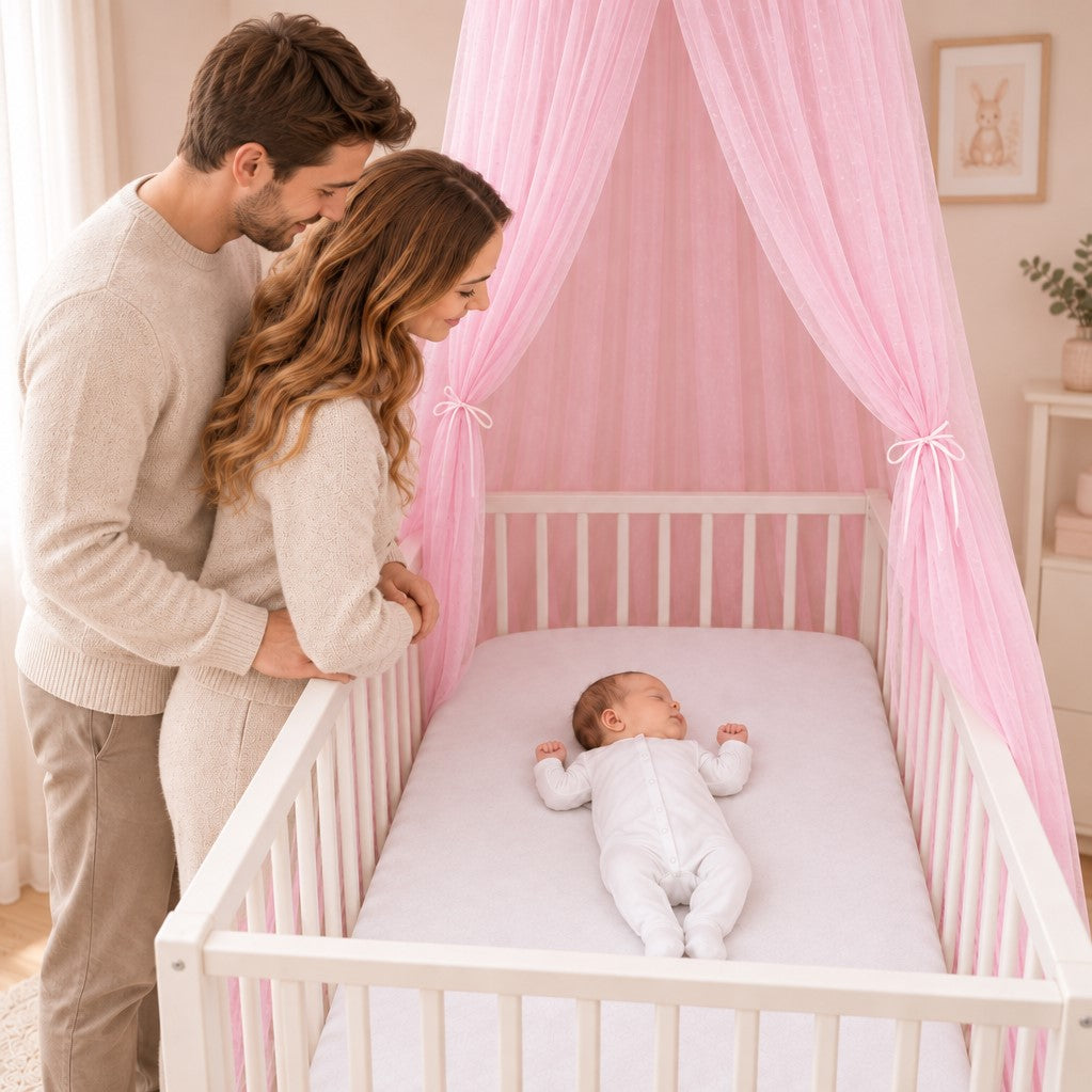 maman et papa regardent bébé dort paisiblement dans berceau sous ciel de lit fille rose blush